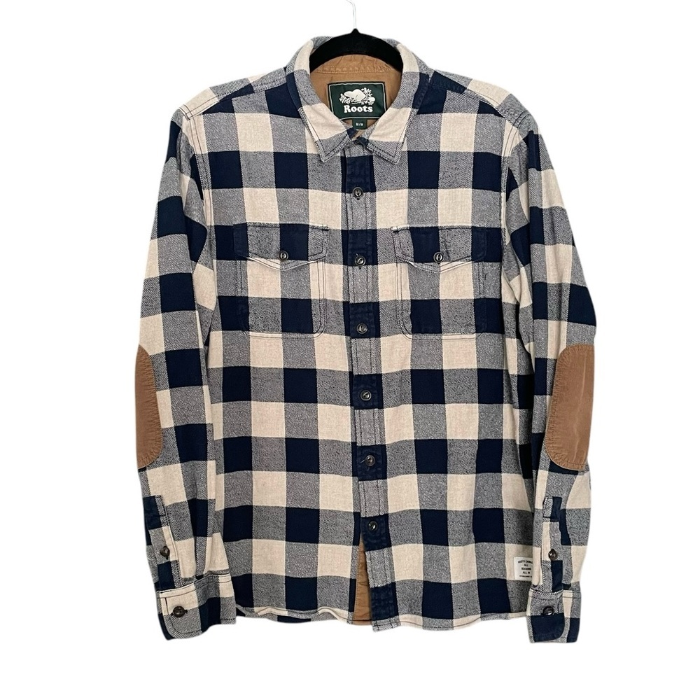 ROOTS Canada Park Plaid Flannel Buffalo Check Button Down Shirt Tan Navy Blue M